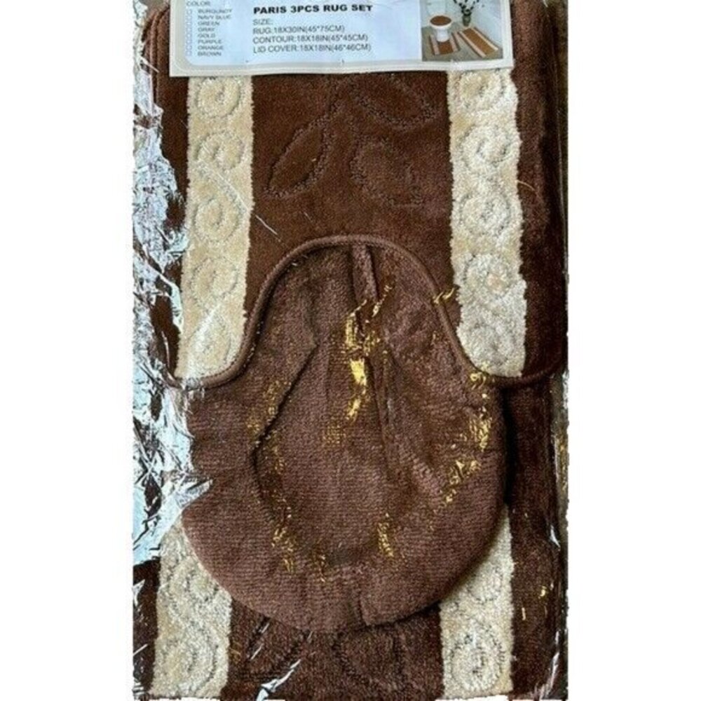 Brown 3pc Bathmat Set Non-Slip Absorbent mat and contour Rugs, Toilet Lid Cover